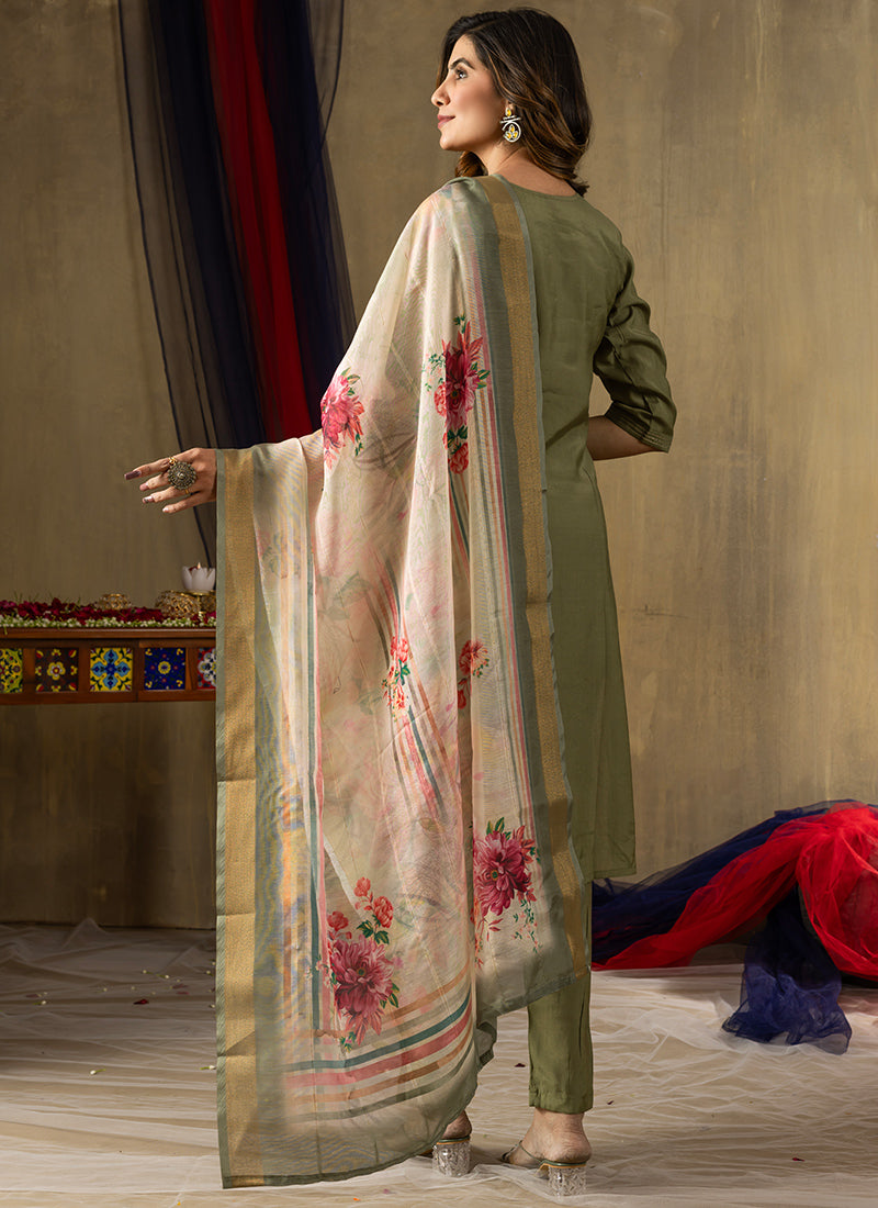 Green Shimmer Silk Embroidered Kurta Set For Festive
