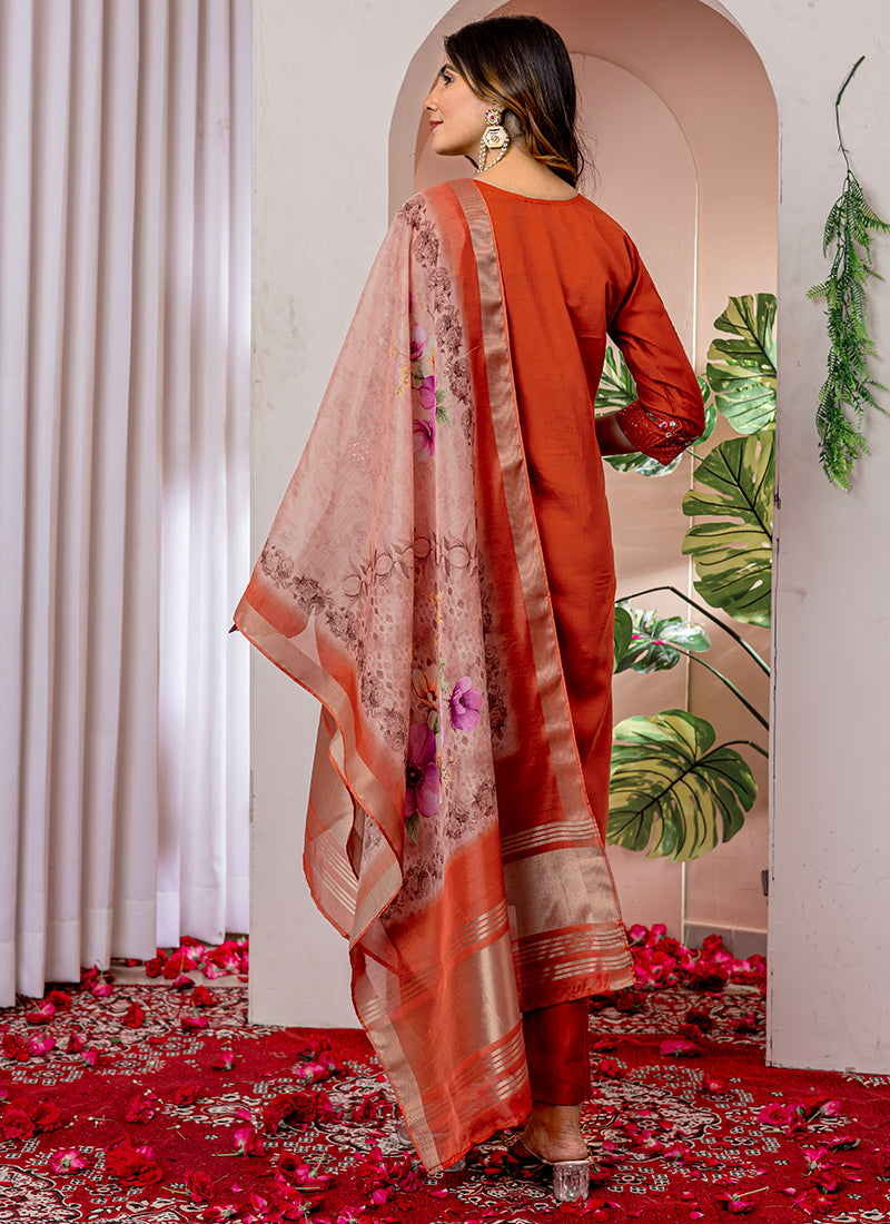 Rust Viscose Silk Thread Work Salwar Set For Ceremonial