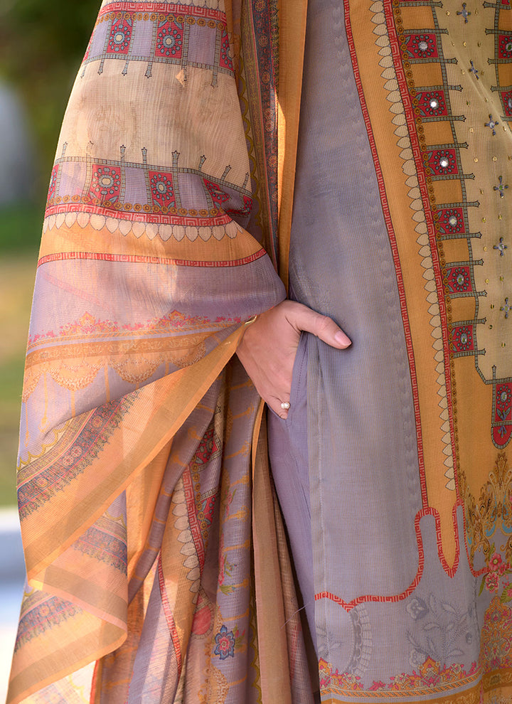 Silk Blend Lavender Kurta Set With Printed Dupatta