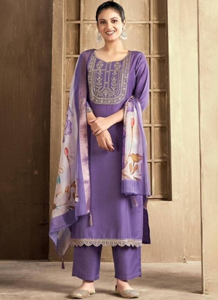 Deep Lavender Embroidered Rayon Straight Kurta Set