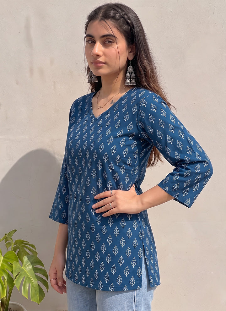Teal Blue Cotton Floral Printed Outwear Kurti