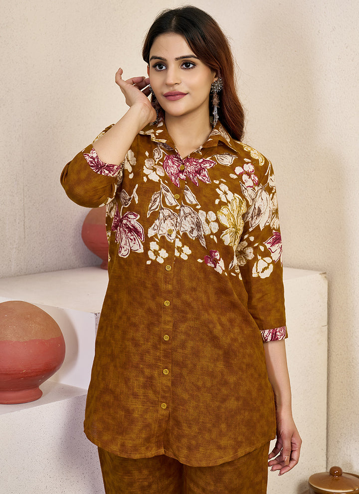 Cotton Brown Flower Printed Cord Set For Outwear
