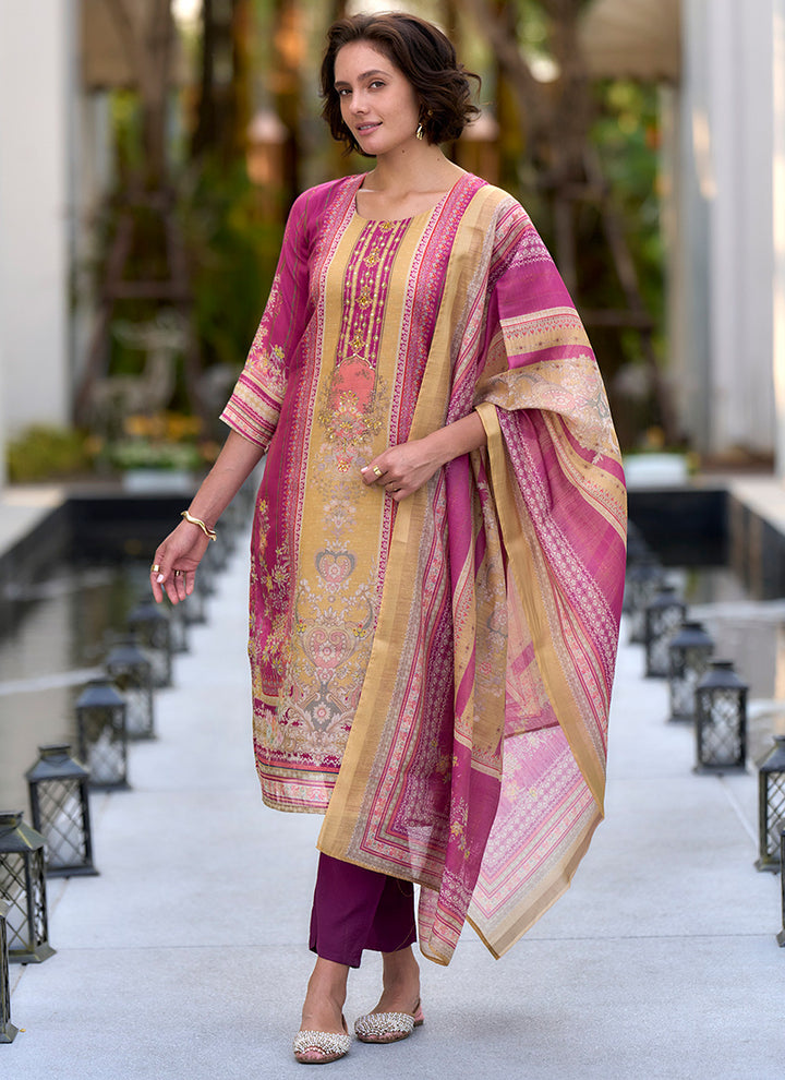 Pink Printed Silk Blend Casual Kurta Set