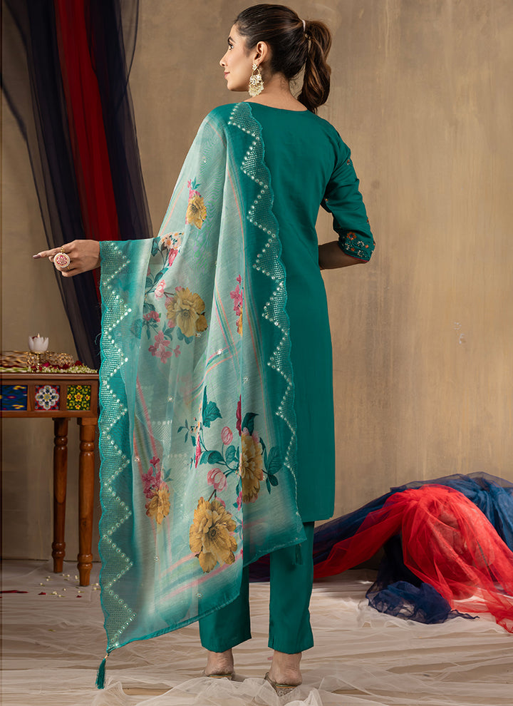 Roman Silk Teal Thread Work Salwar Set For Ceremonial