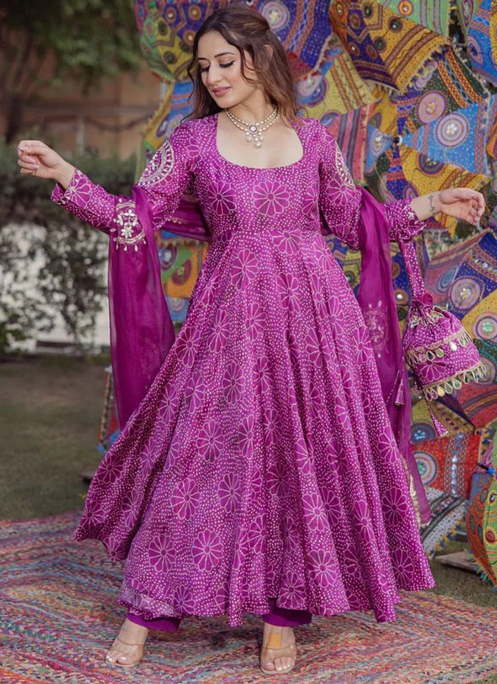 Purple Chinon Digital Printed Anarkali Style Kurta Set