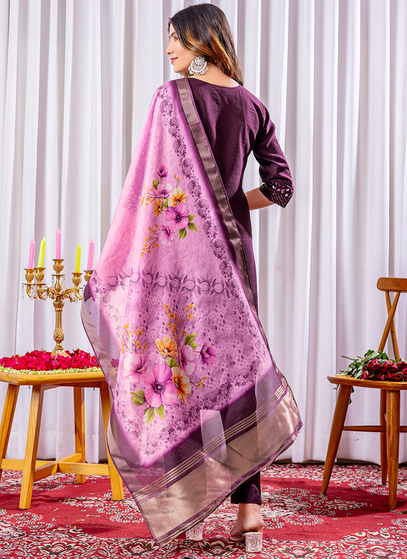 Wine Viscose Silk Embroidered Salwar Set For Festive