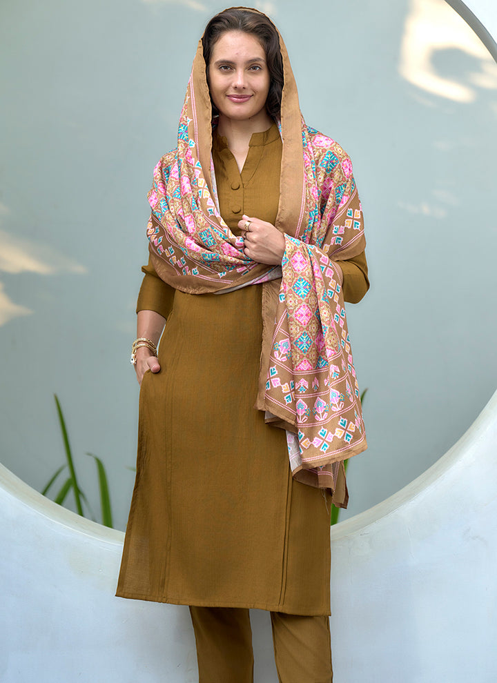 Mustard Vatican Straight Kurta Set With Printed Dupatta