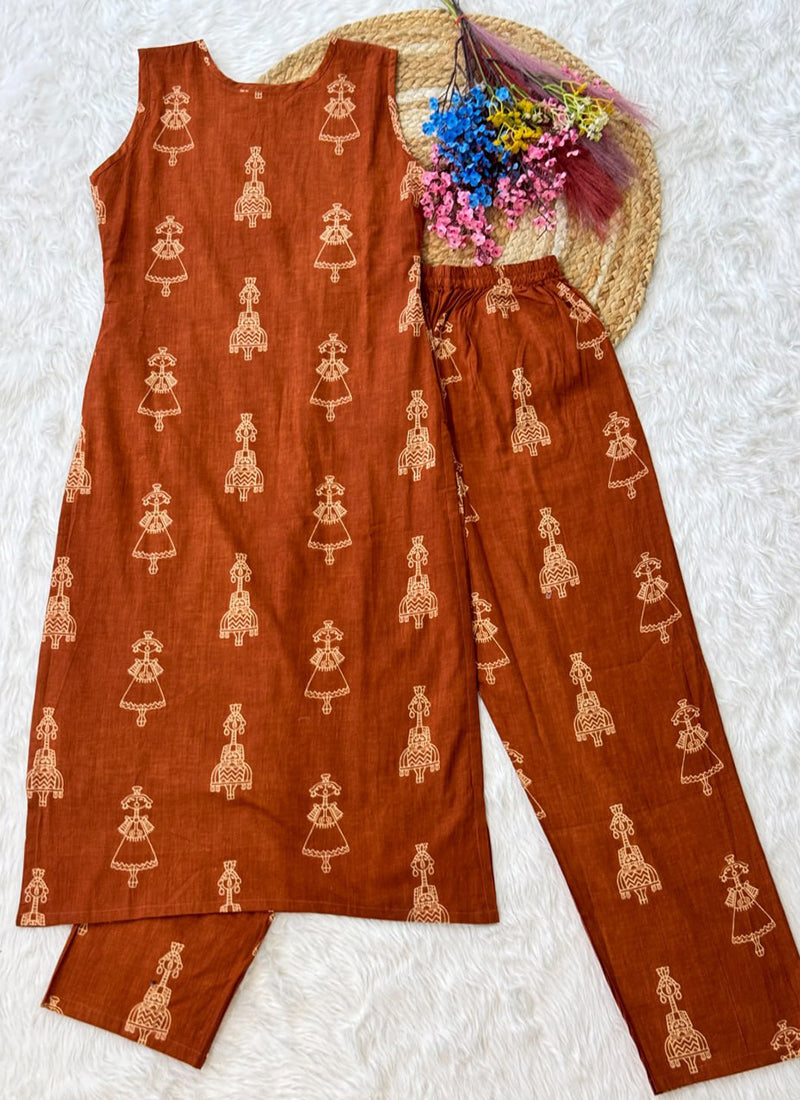 Rust Folk Art Printed Cotton Outwear Kurti And Pant