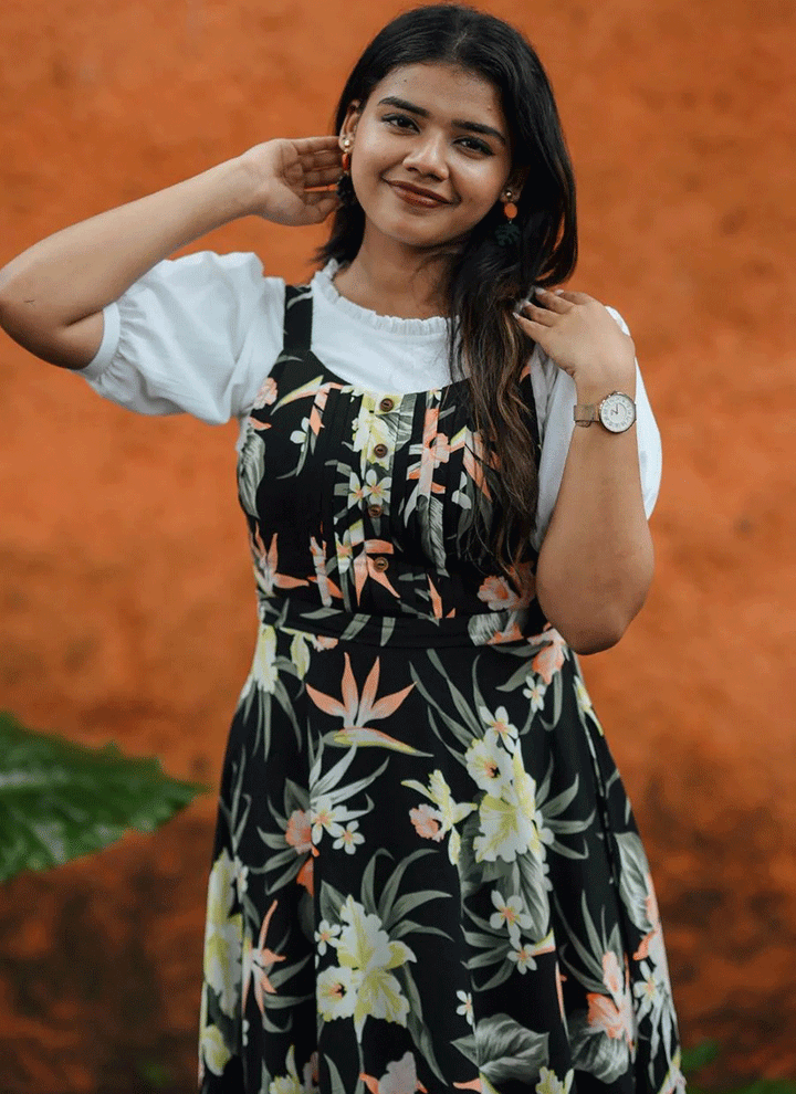 Blissful Floral Hawaiian Print  Rayon Dungaree Dress