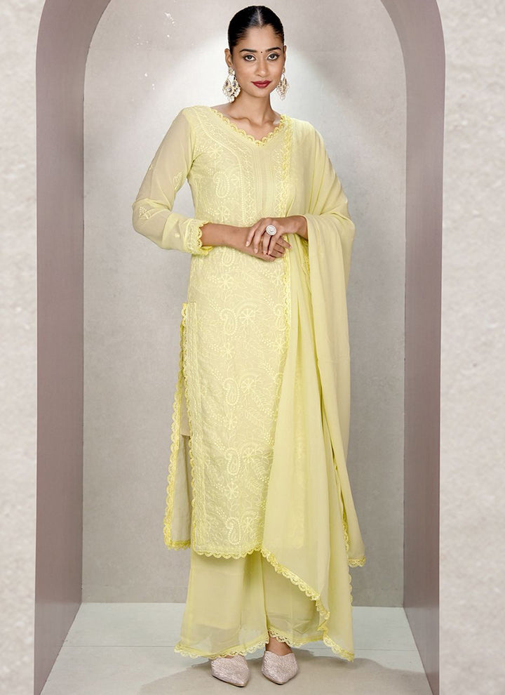 Lemon Yellow Georgette Chikankari Palazzo Style Kurta Set