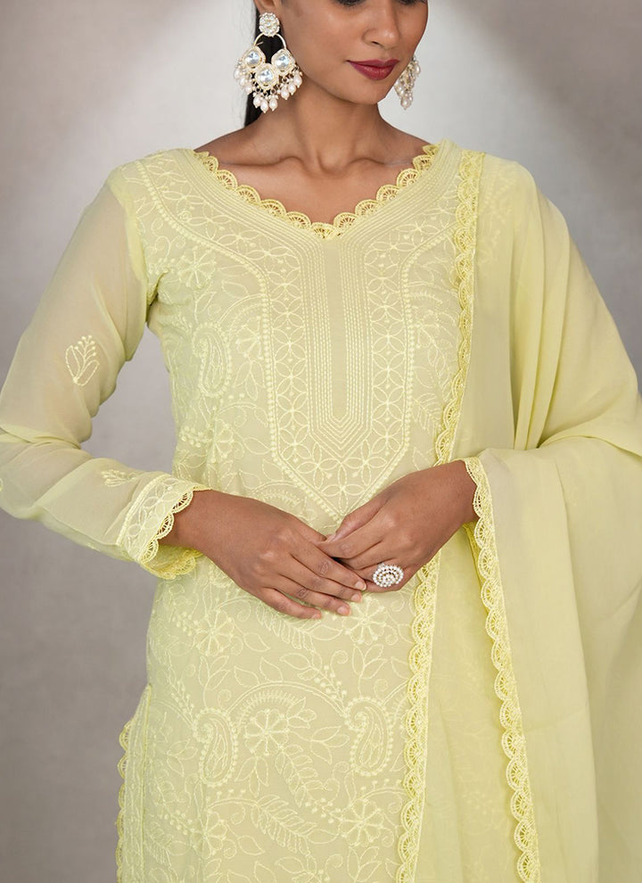 Lemon Yellow Georgette Chikankari Palazzo Style Kurta Set