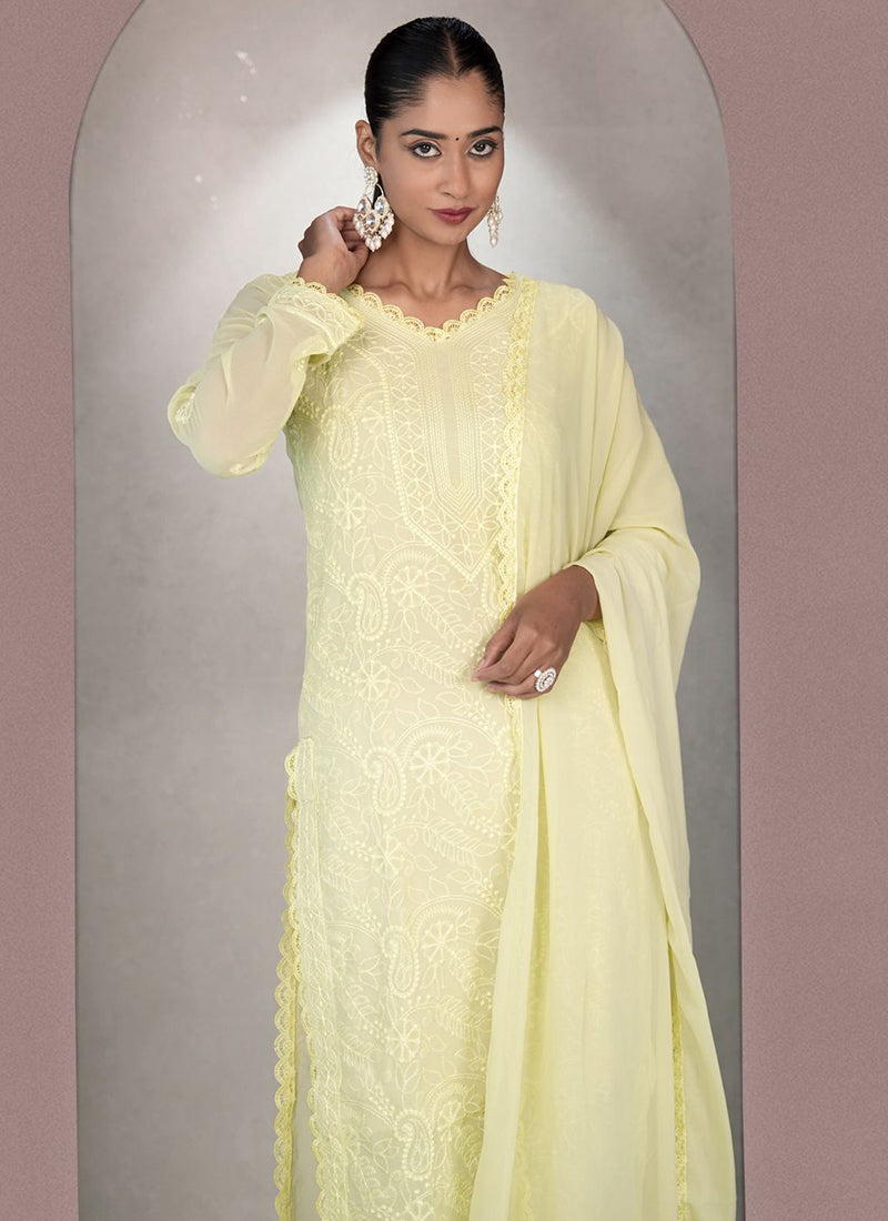 Lemon Yellow Georgette Chikankari Palazzo Style Kurta Set