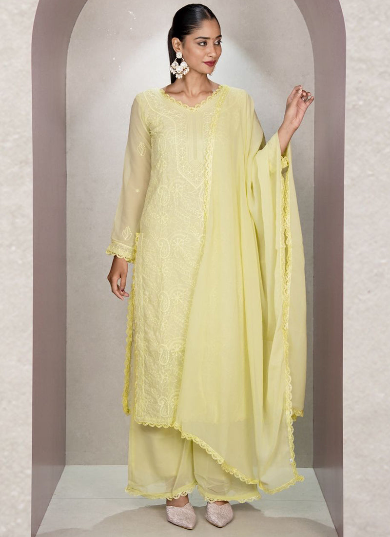 Lemon Yellow Georgette Chikankari Palazzo Style Kurta Set