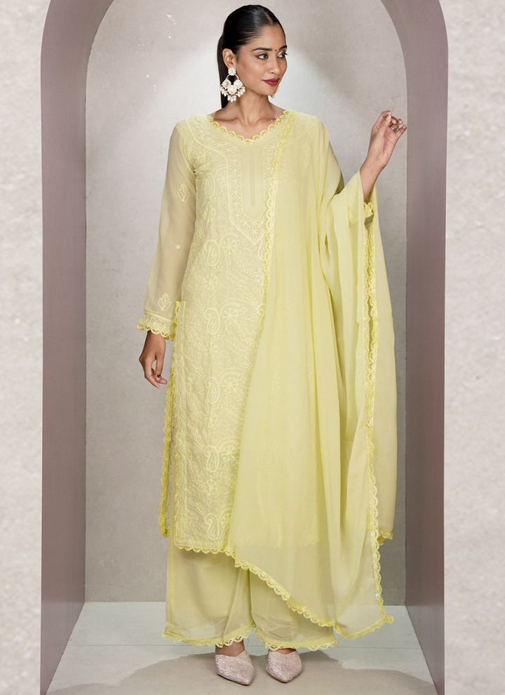 Lemon Yellow Georgette Chikankari Palazzo Style Kurta Set