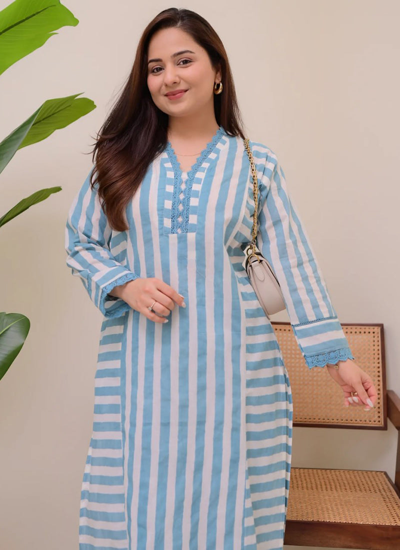 Blue Rayon Lining Printed Straight Kurta With Plazzo