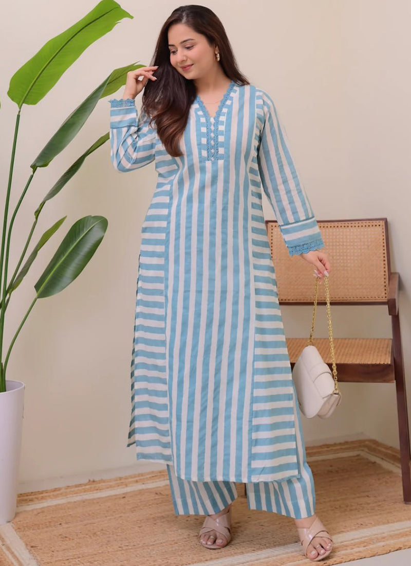 Blue Rayon Lining Printed Straight Kurta With Plazzo