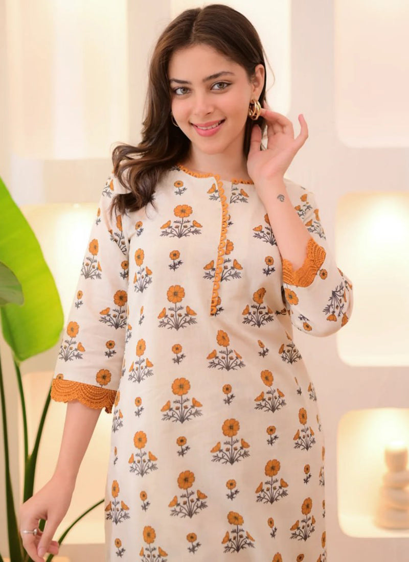Yellow Rayon Printed Calf Length Straight Kurta Pant