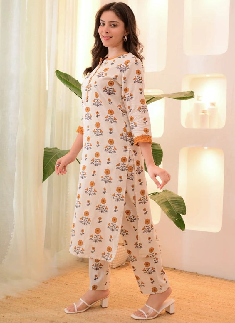 Yellow Rayon Printed Calf Length Straight Kurta Pant