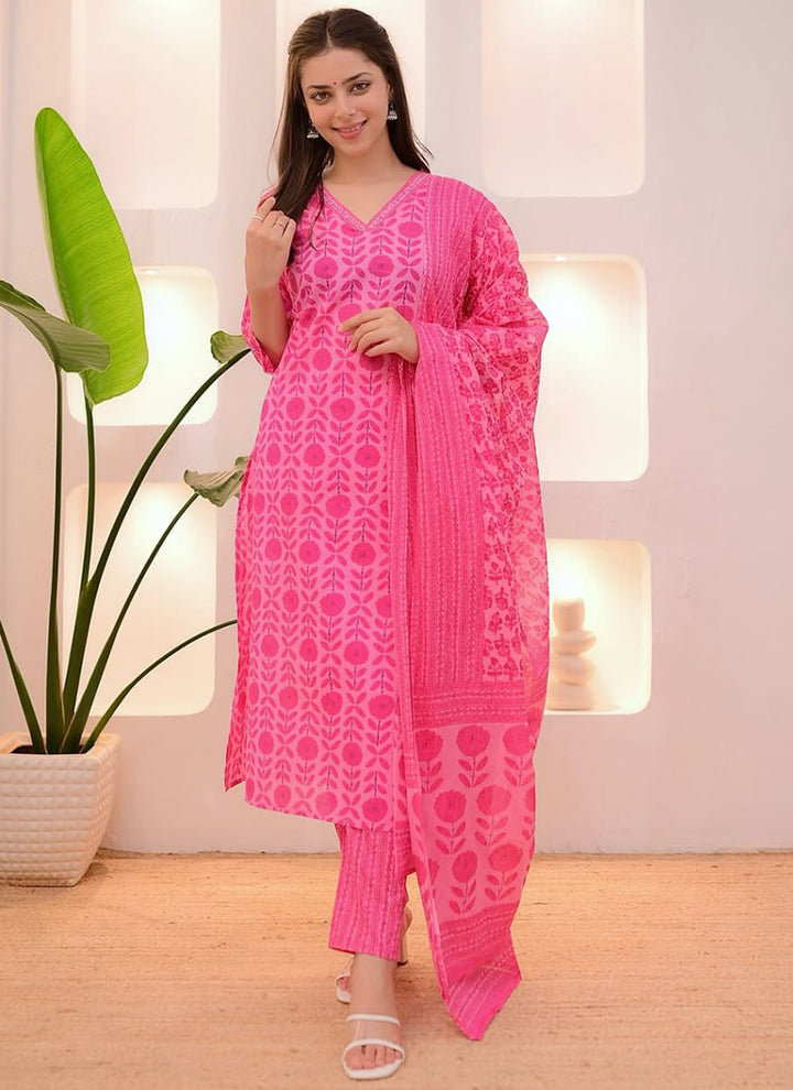 Pink Rayon Printed Casual Wear Kurta Set With Dupatta