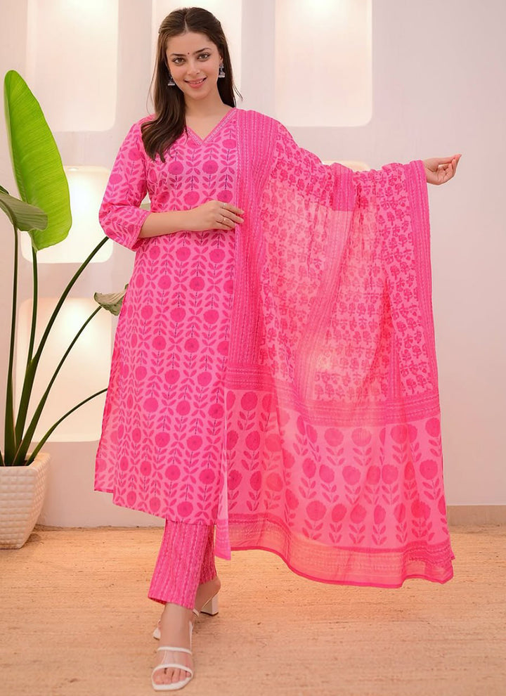 Pink Rayon Printed Casual Wear Kurta Set With Dupatta