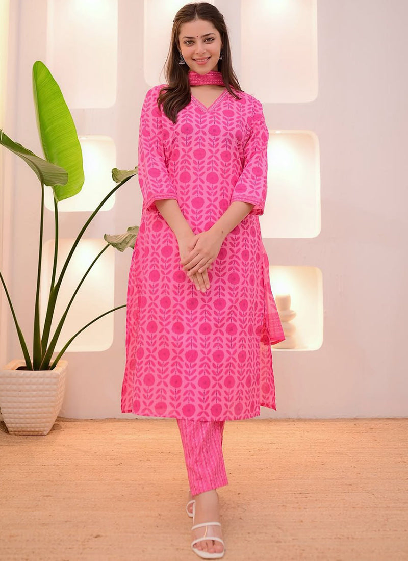 Pink Rayon Printed Casual Wear Kurta Set With Dupatta