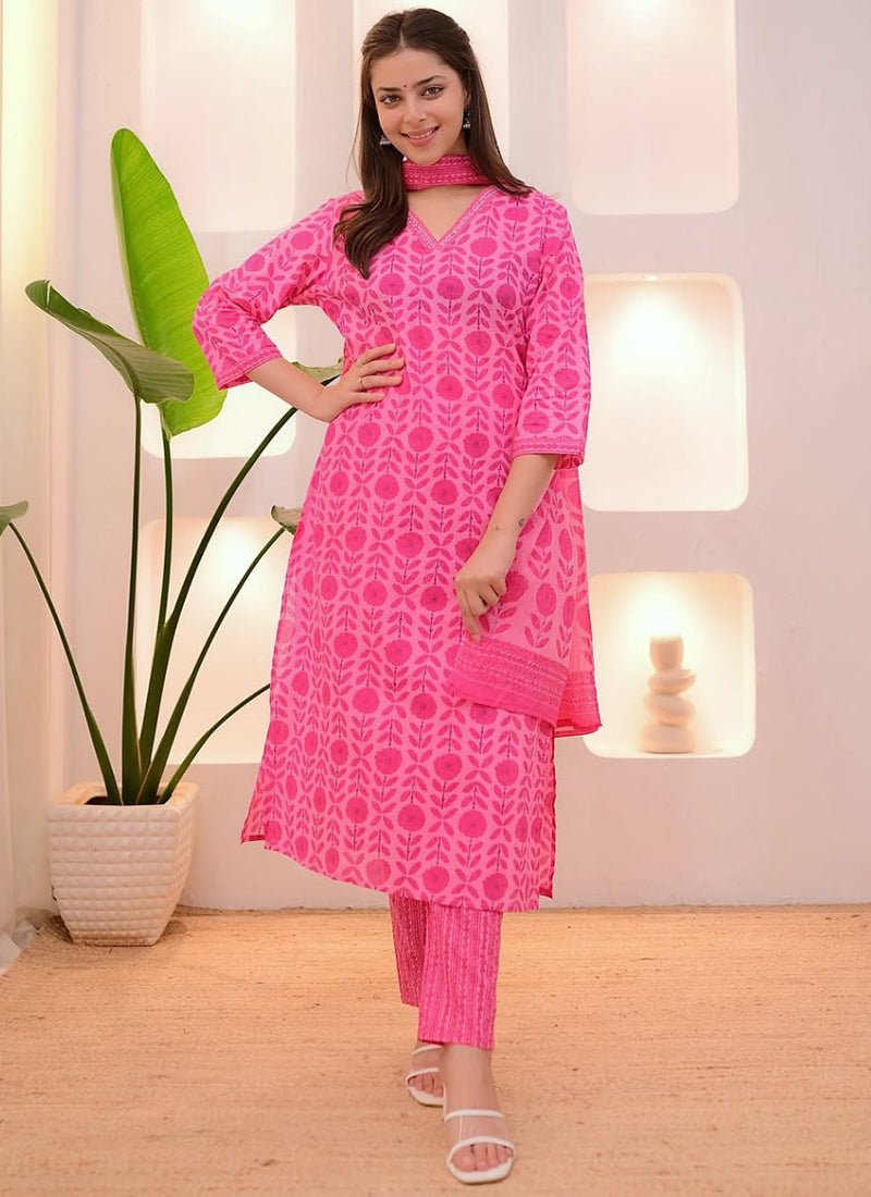 Pink Rayon Printed Casual Wear Kurta Set With Dupatta