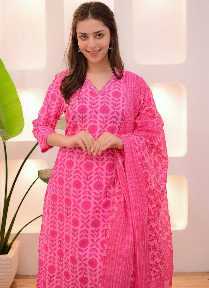 Pink Rayon Printed Casual Wear Kurta Set With Dupatta