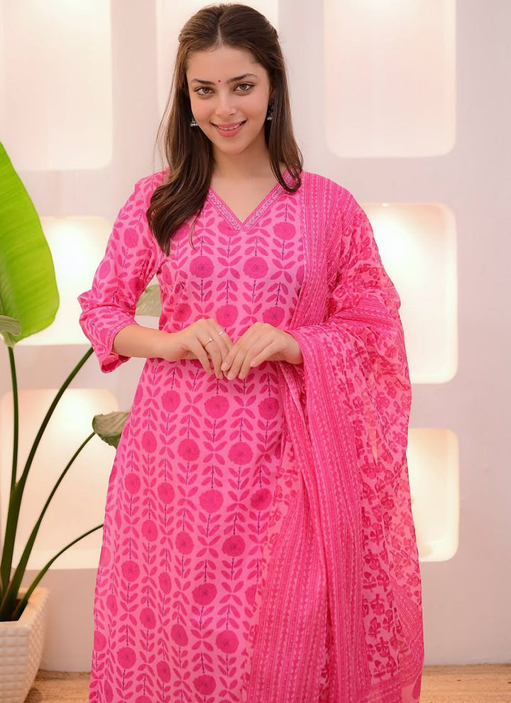 Pink Rayon Printed Casual Wear Kurta Set With Dupatta
