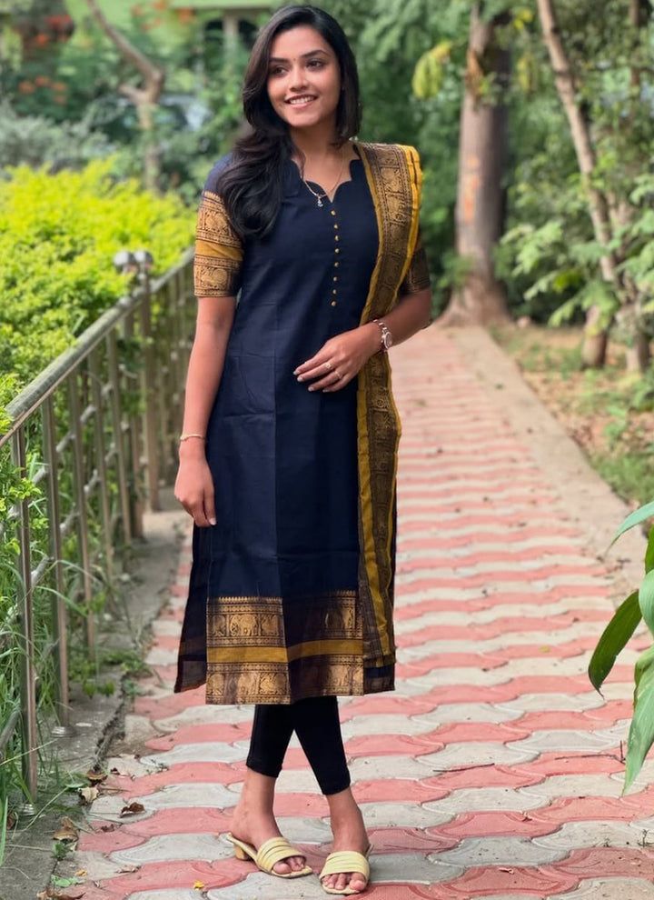 Navy Blue Kanchi Cotton PartyWear Kurti With Dupatta