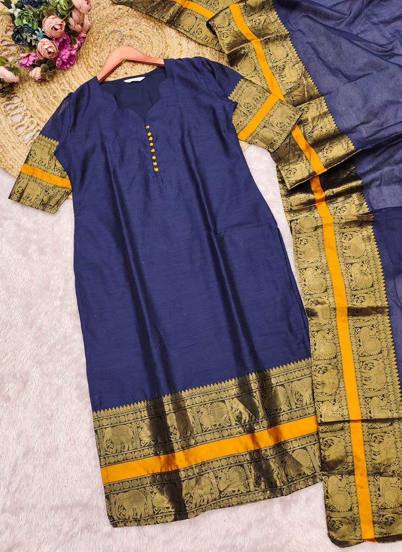 Navy Blue Kanchi Cotton PartyWear Kurti With Dupatta – Shinisha