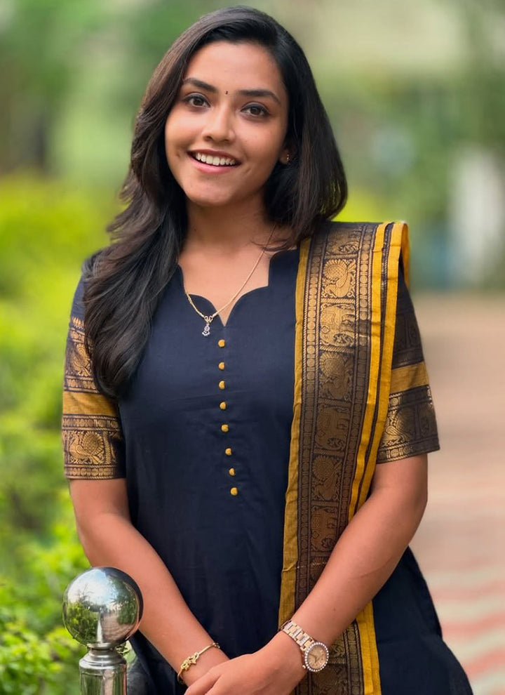 Navy Blue Kanchi Cotton PartyWear Kurti With Dupatta