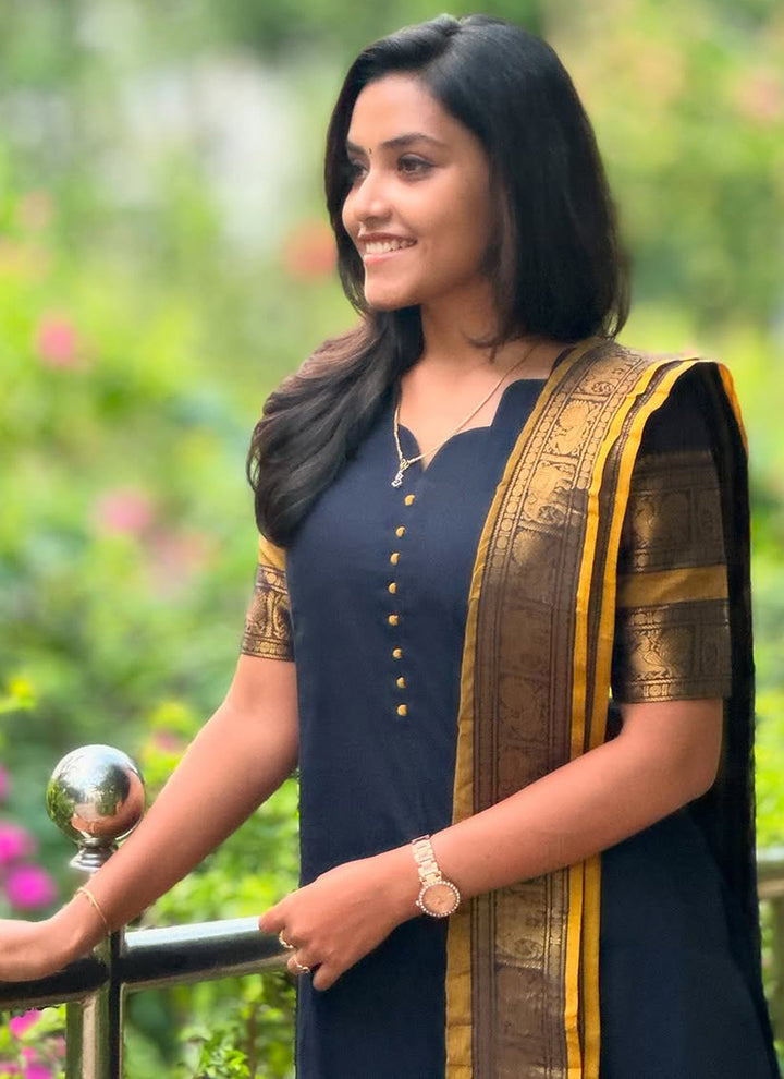Navy Blue Kanchi Cotton PartyWear Kurti With Dupatta