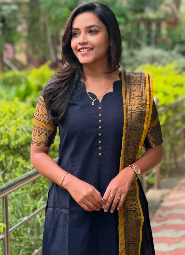 Navy Blue Kanchi Cotton PartyWear Kurti With Dupatta