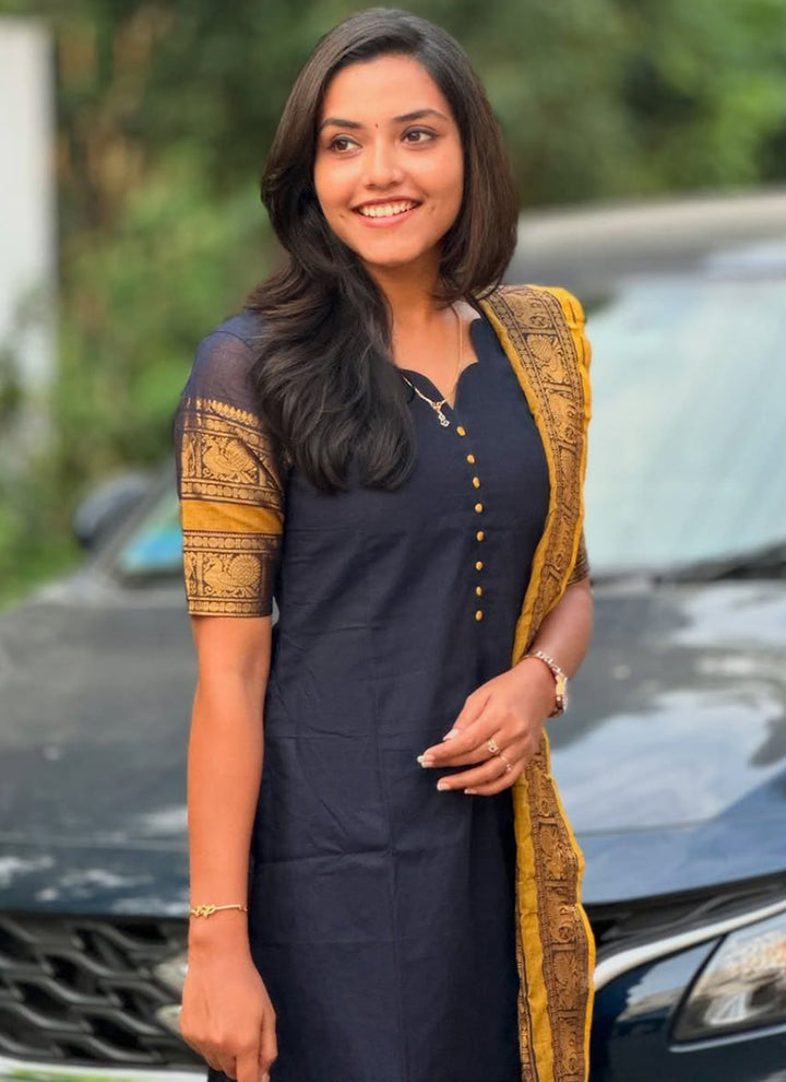 Navy Blue Kanchi Cotton PartyWear Kurti With Dupatta