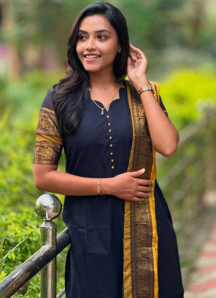 Navy Blue Kanchi Cotton PartyWear Kurti With Dupatta