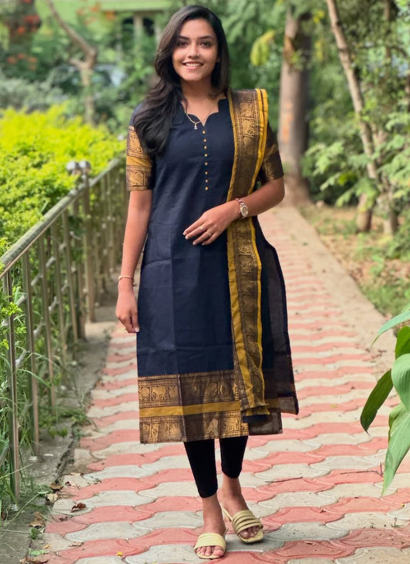 Navy Blue Kanchi Cotton PartyWear Kurti With Dupatta