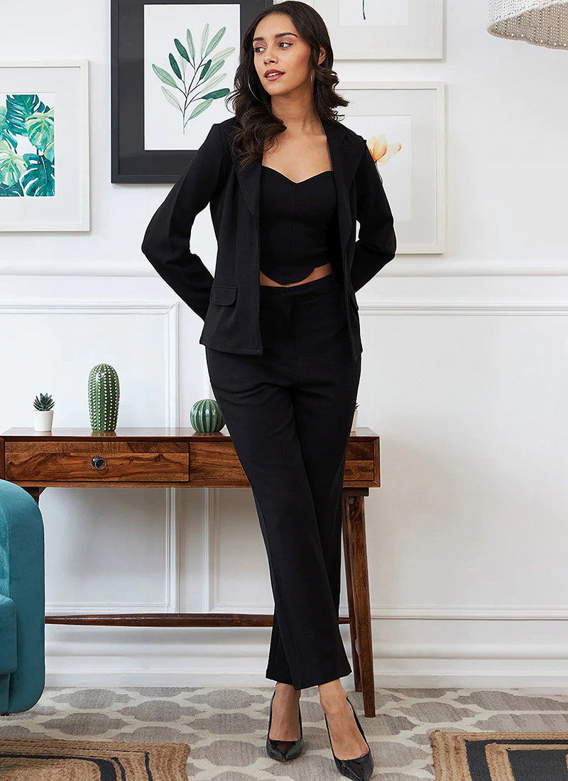 Black Solid Cotton Lycra Three Piece Set