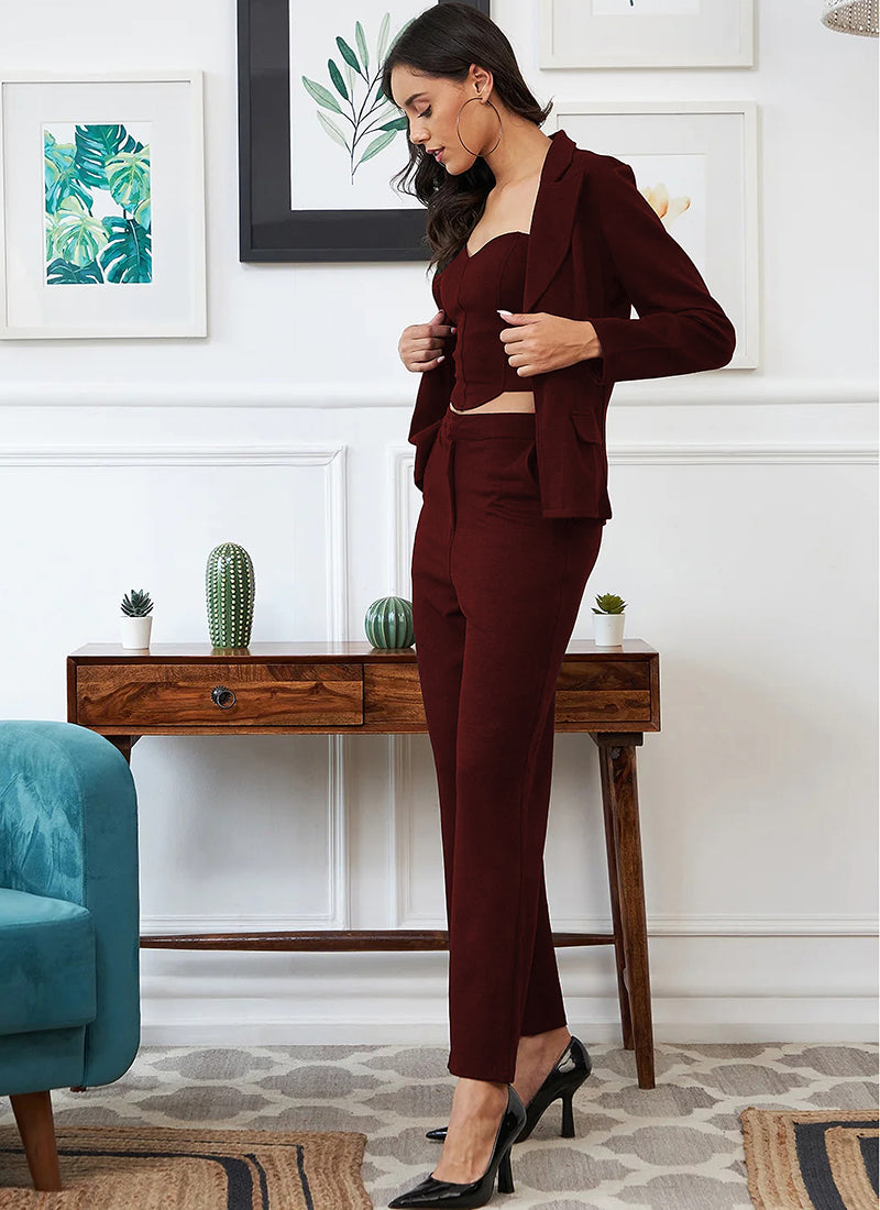 Wine Solid Cotton Lycra Three Piece Set