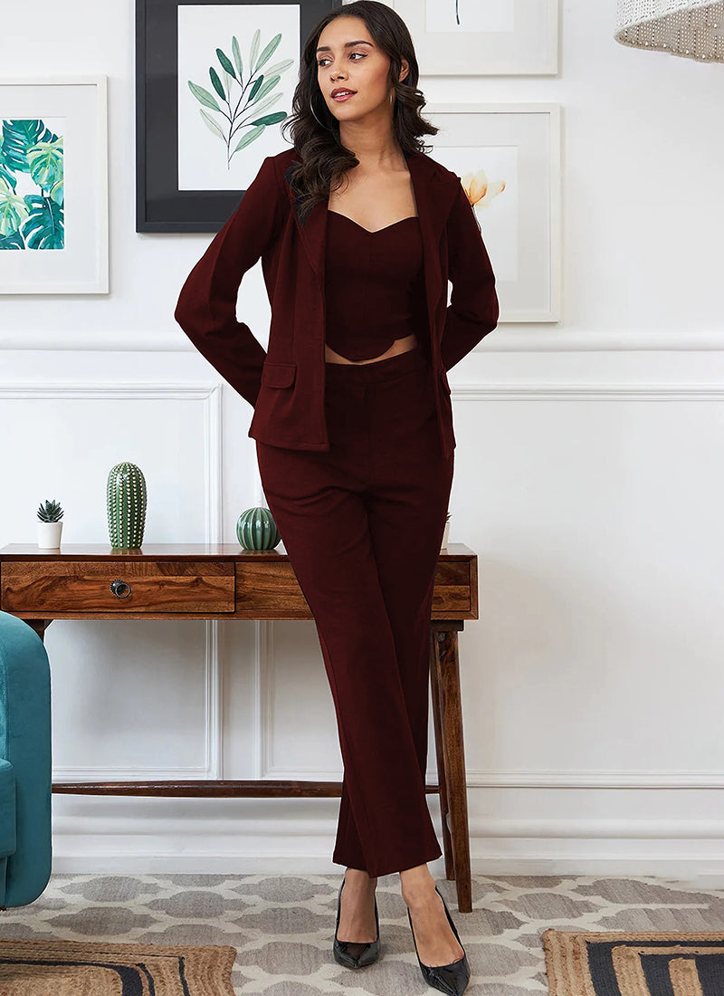 Wine Solid Cotton Lycra Three Piece Set