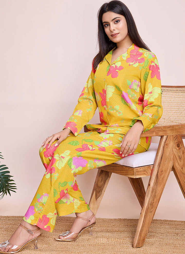 Mystical Yellow Floral Print Party Wear Cord Set