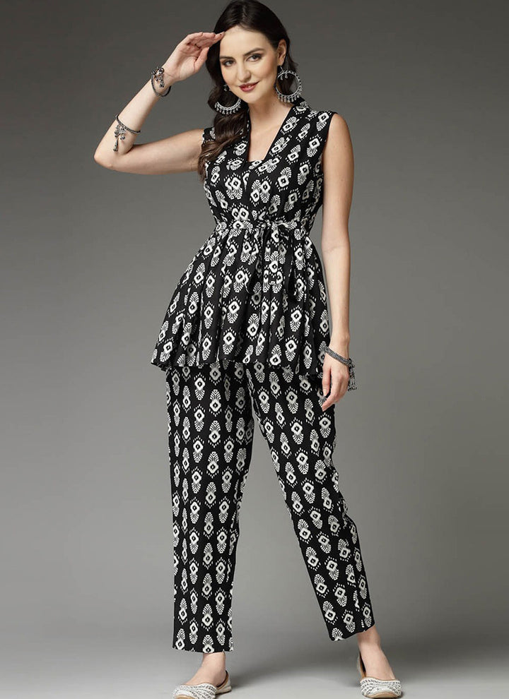 Elite Black Geometric Printed Peplum Cord Set