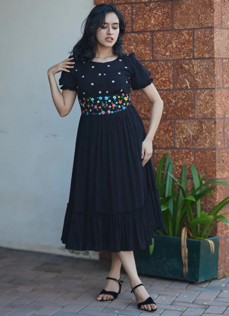 Black Rayon Embroidered Party Wear Dress