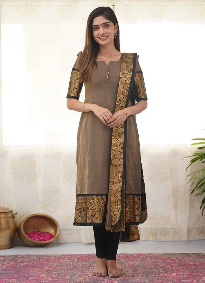 Brown Kanchi Cotton Woven Kurta And Dupatta For Casual Wear