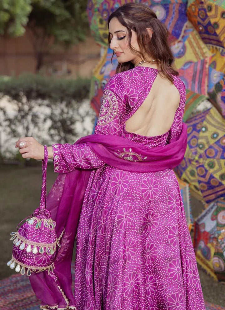 Purple Chinon Digital Printed Anarkali Style Kurta Set