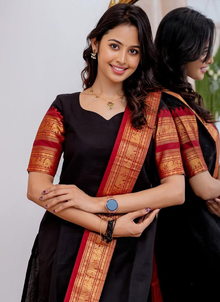 Kanchi Cotton Black Weaving Casual Kurta And Dupatta