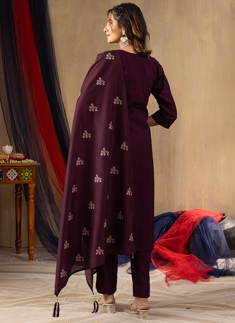 Wine Viscose Thread Embroidered Kurta Set