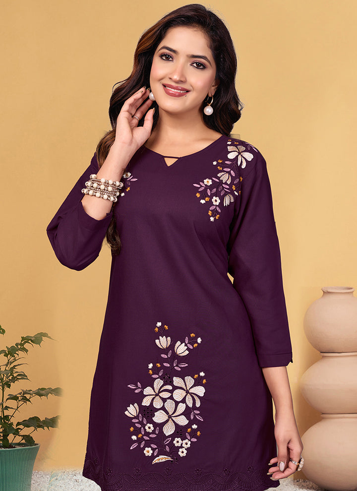 Purple Viscose Rayon Embroidered Cord Set