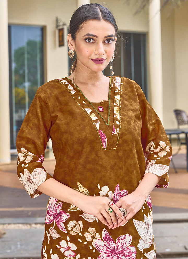 Brown Embroidered Cotton Festive Wear Cord Set