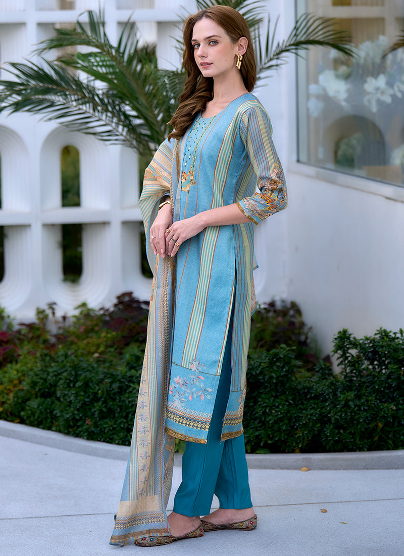 Sky Blue Silk Blend Printed Kurta Set For Festive