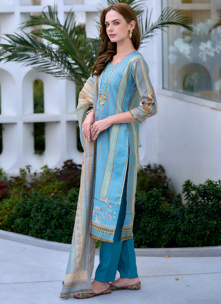 Sky Blue Silk Blend Printed Kurta Set For Festive